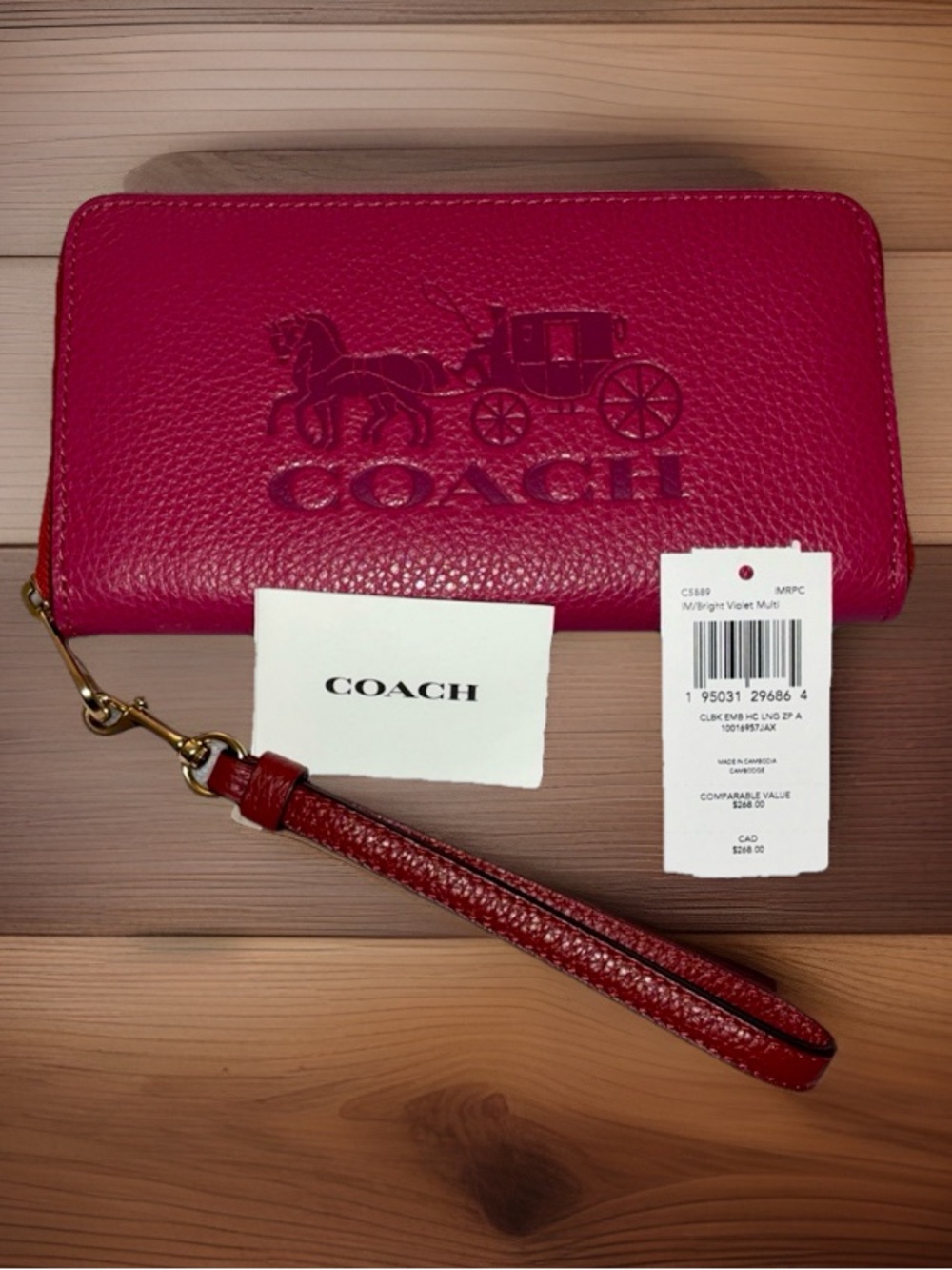 Coach Long Zip Horse & Carriage Pebbled Leather Colorblock Wallet, Red/Pink